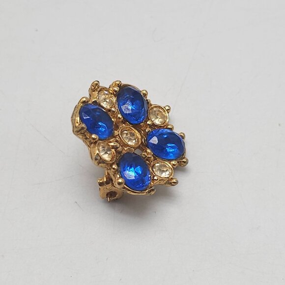 Vintage Gold Tone Pin Brooch With Blue Clear Rhinestones - Picture 2 of 4